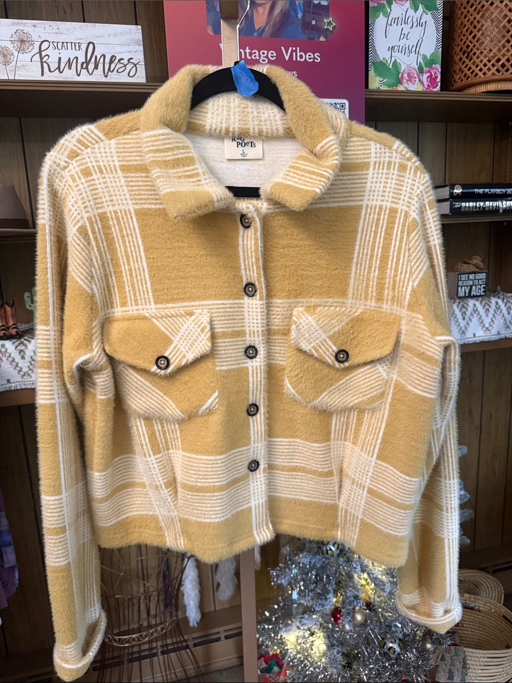 Rag Poets Women's Mustard Plaid Button-Down Shirt Jacket